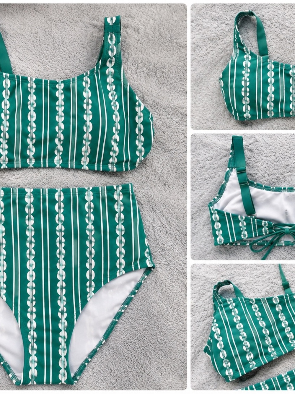 Kona Sol Green Striped Two-Piece High-Waist Swim Set